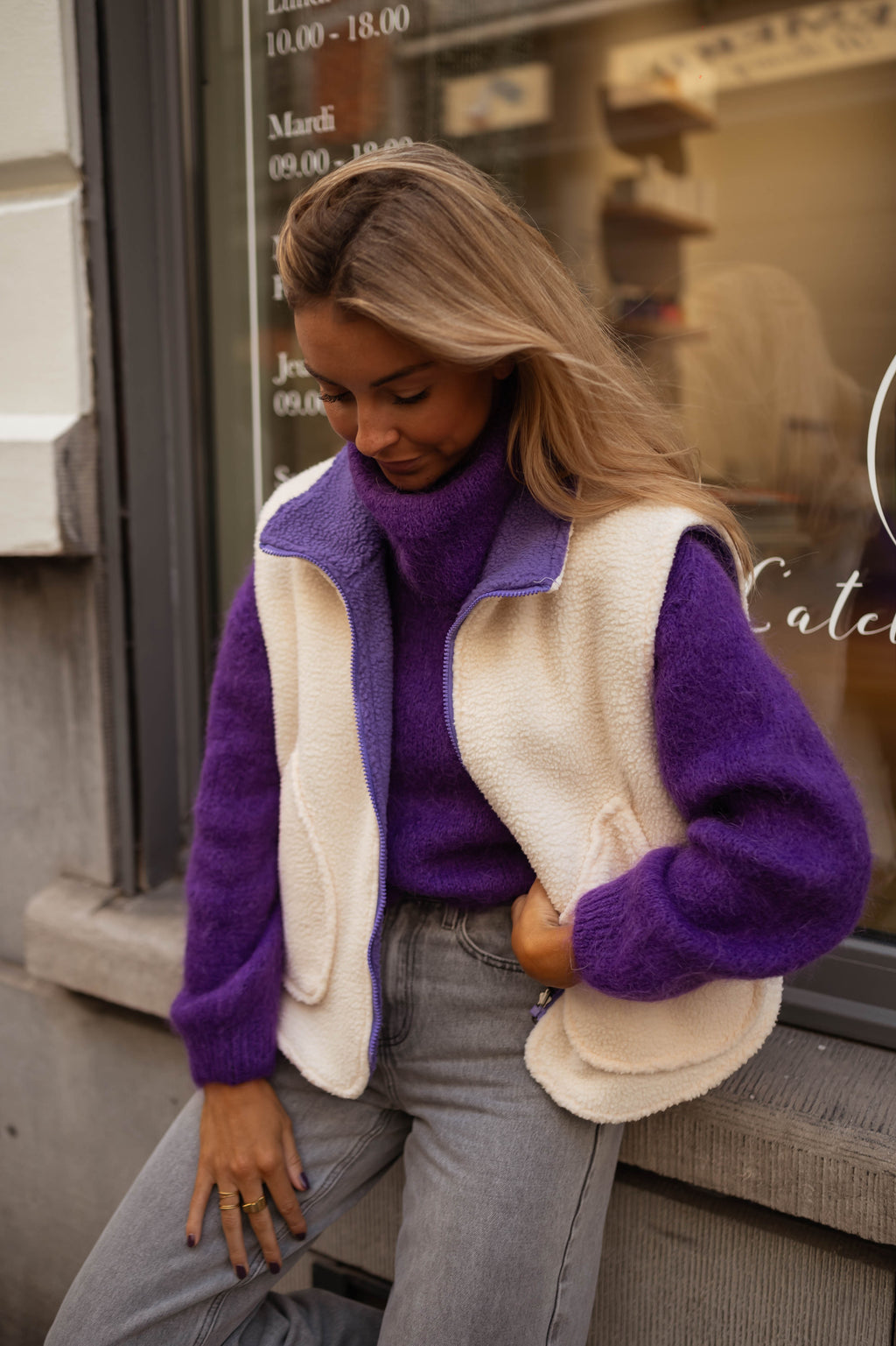 Gilet Dorian - écru et mauve en polaire