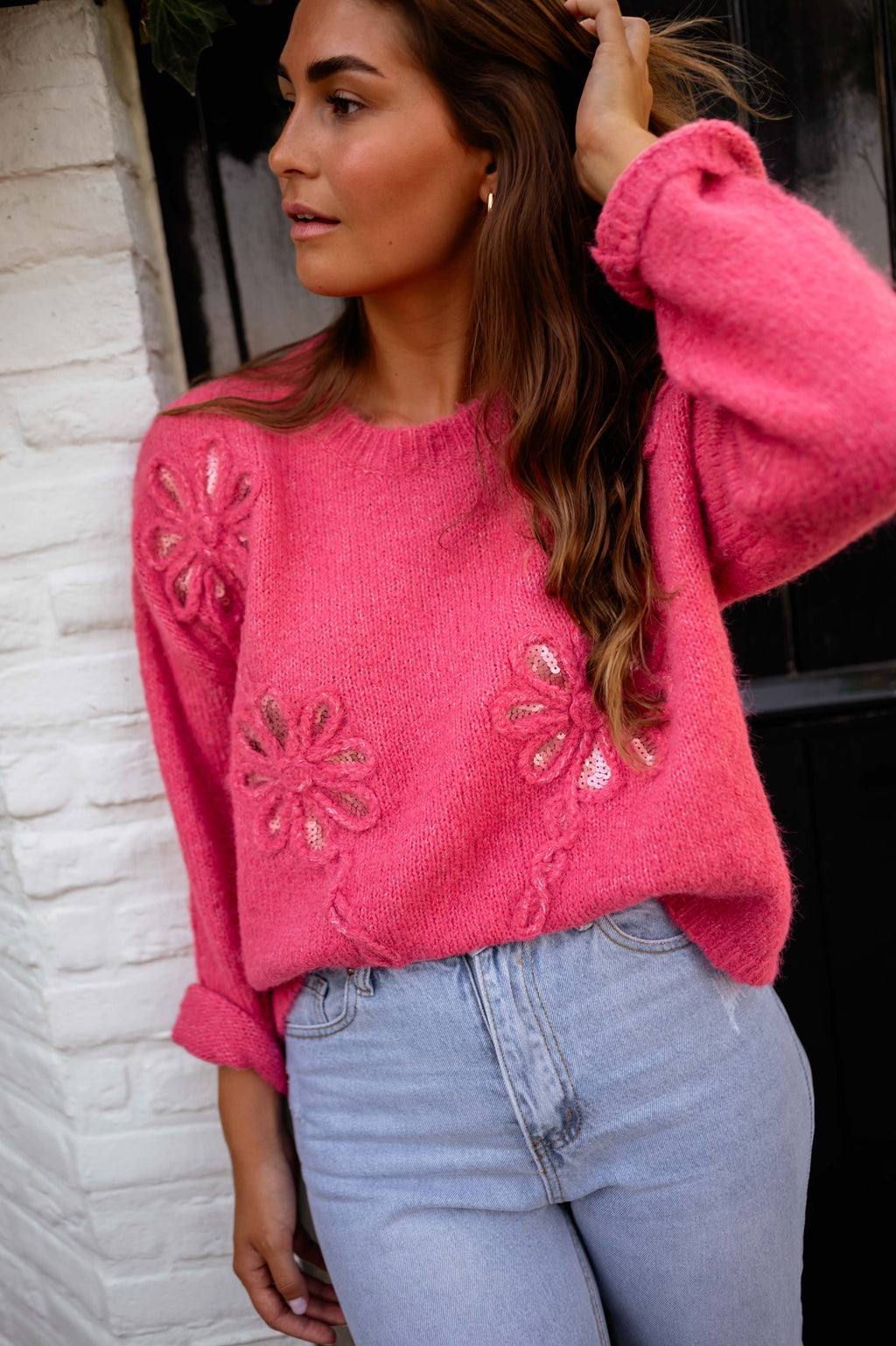 Clary sweater - raspberry with flowers 