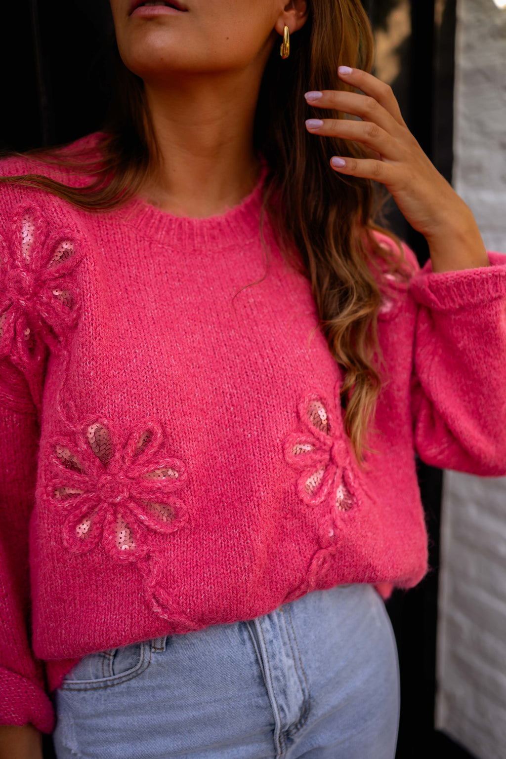 Clary sweater - raspberry with flowers 