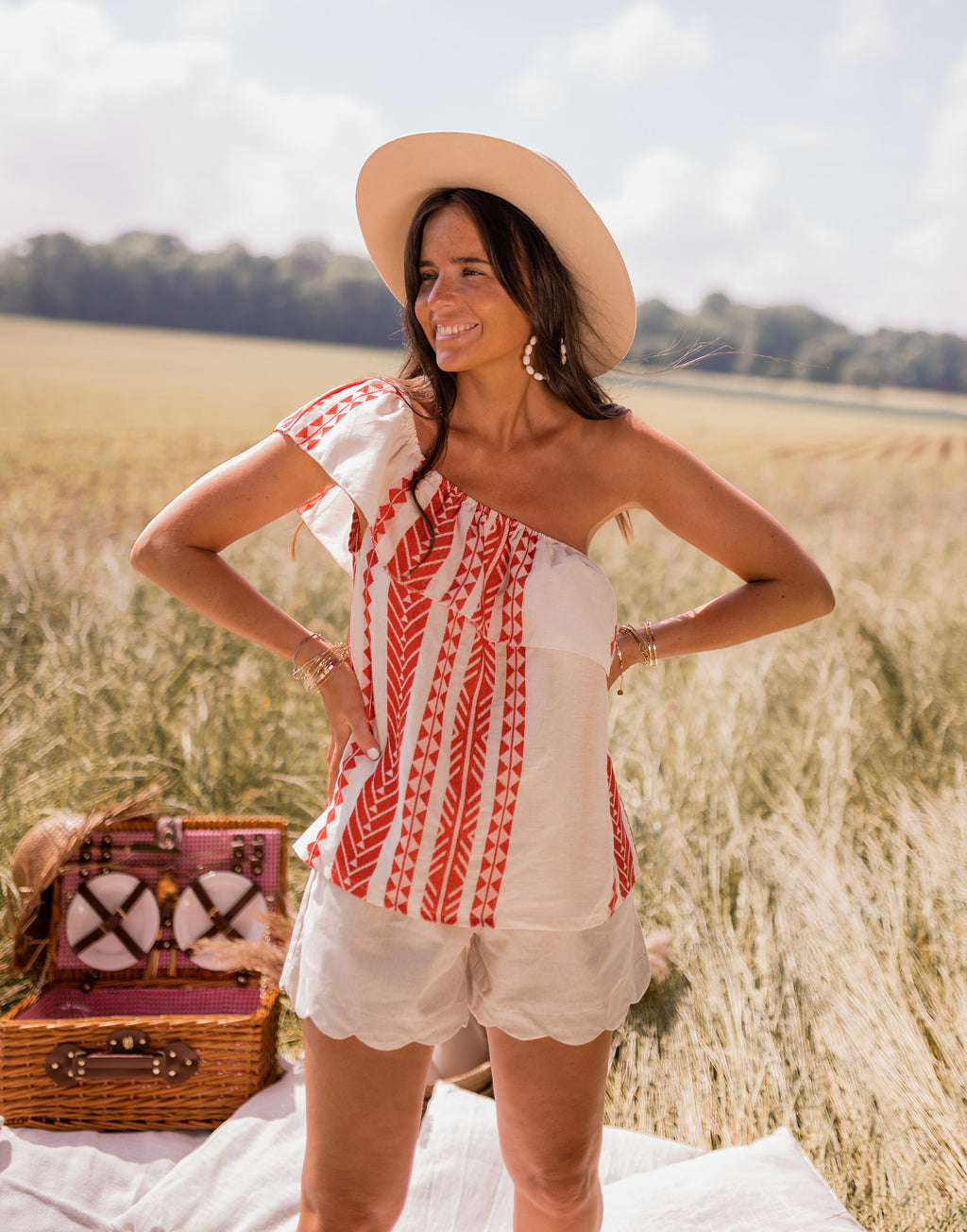 Brigie Top - patterned red and beige