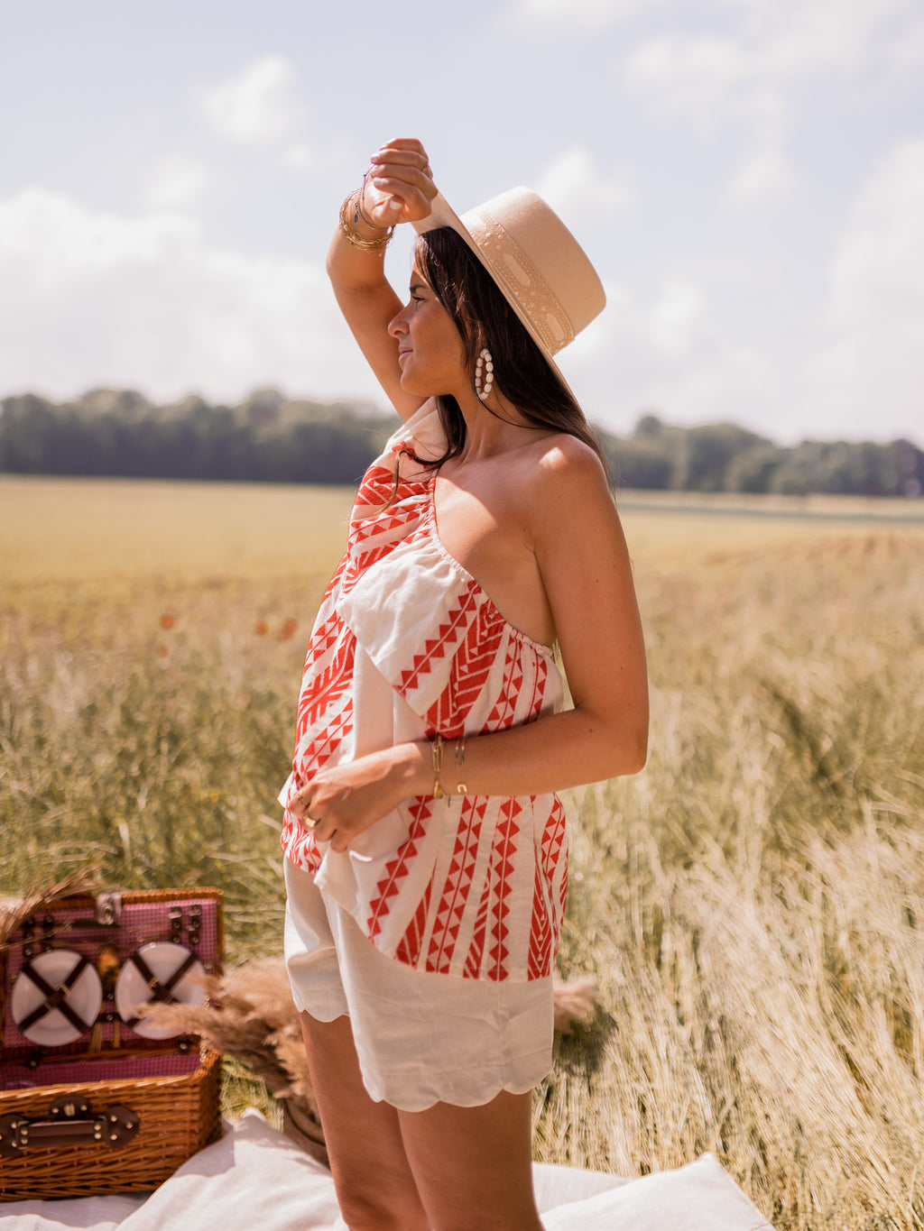 Brigie Top - patterned red and beige