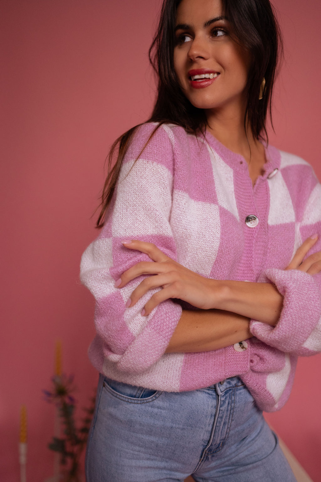 Cardigan Aaron Checkered - Pink And ecru