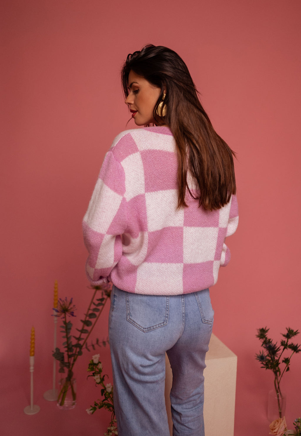 Cardigan Aaron Checkered - Pink And ecru