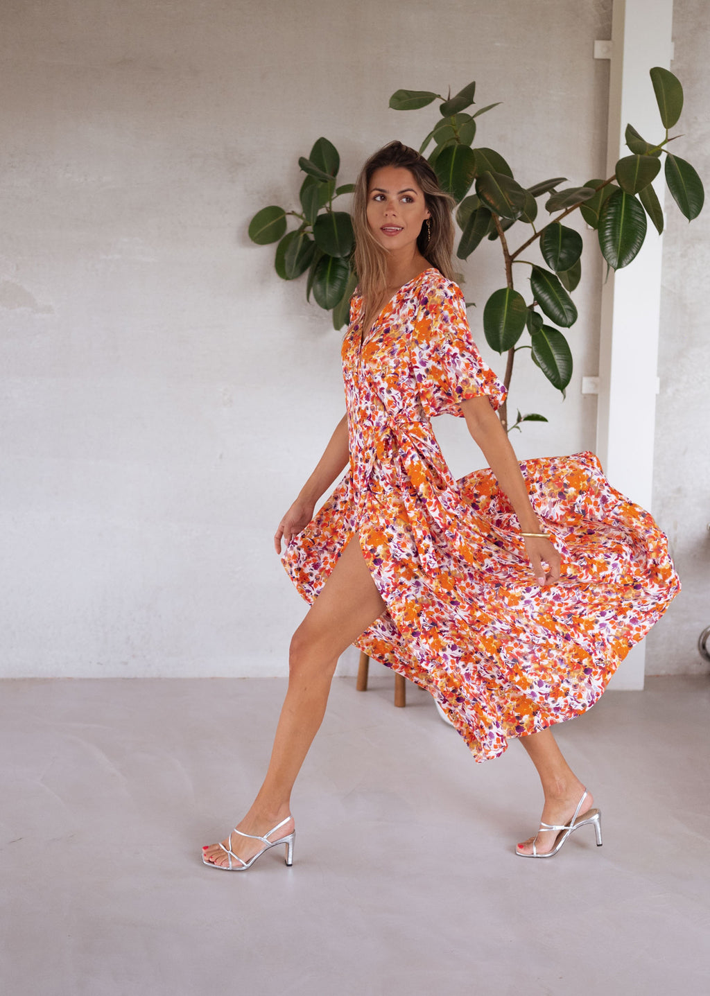 Dress Asma - orange with flowers