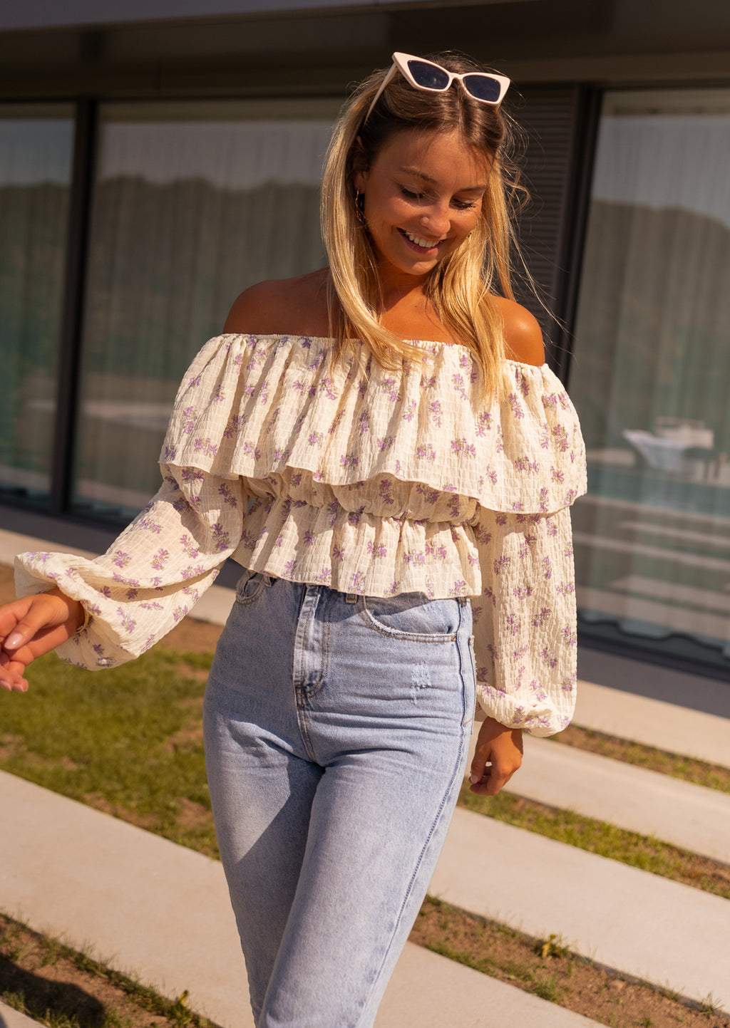 Blouse Paola - beige et mauve à fleurs