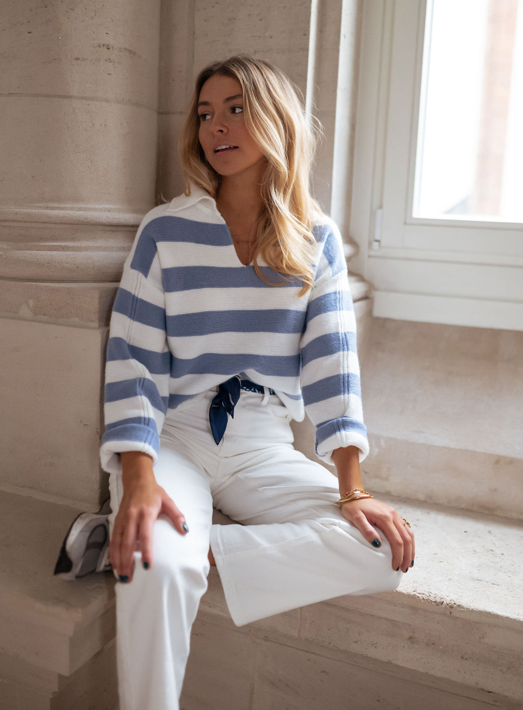 Conor Sweater with lines - Blue and ecru