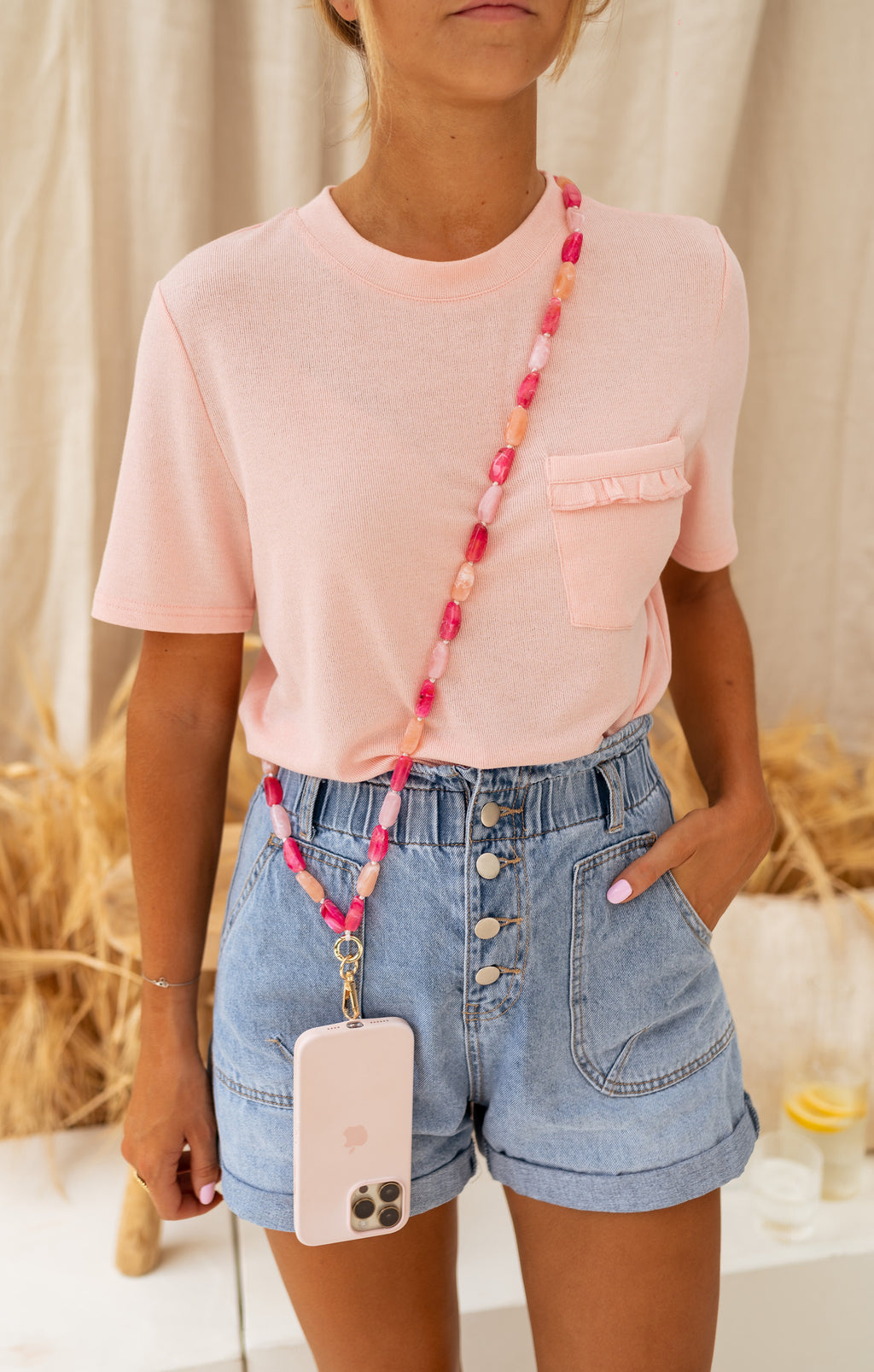 Phone Lanyard Feder - in pink pearls 