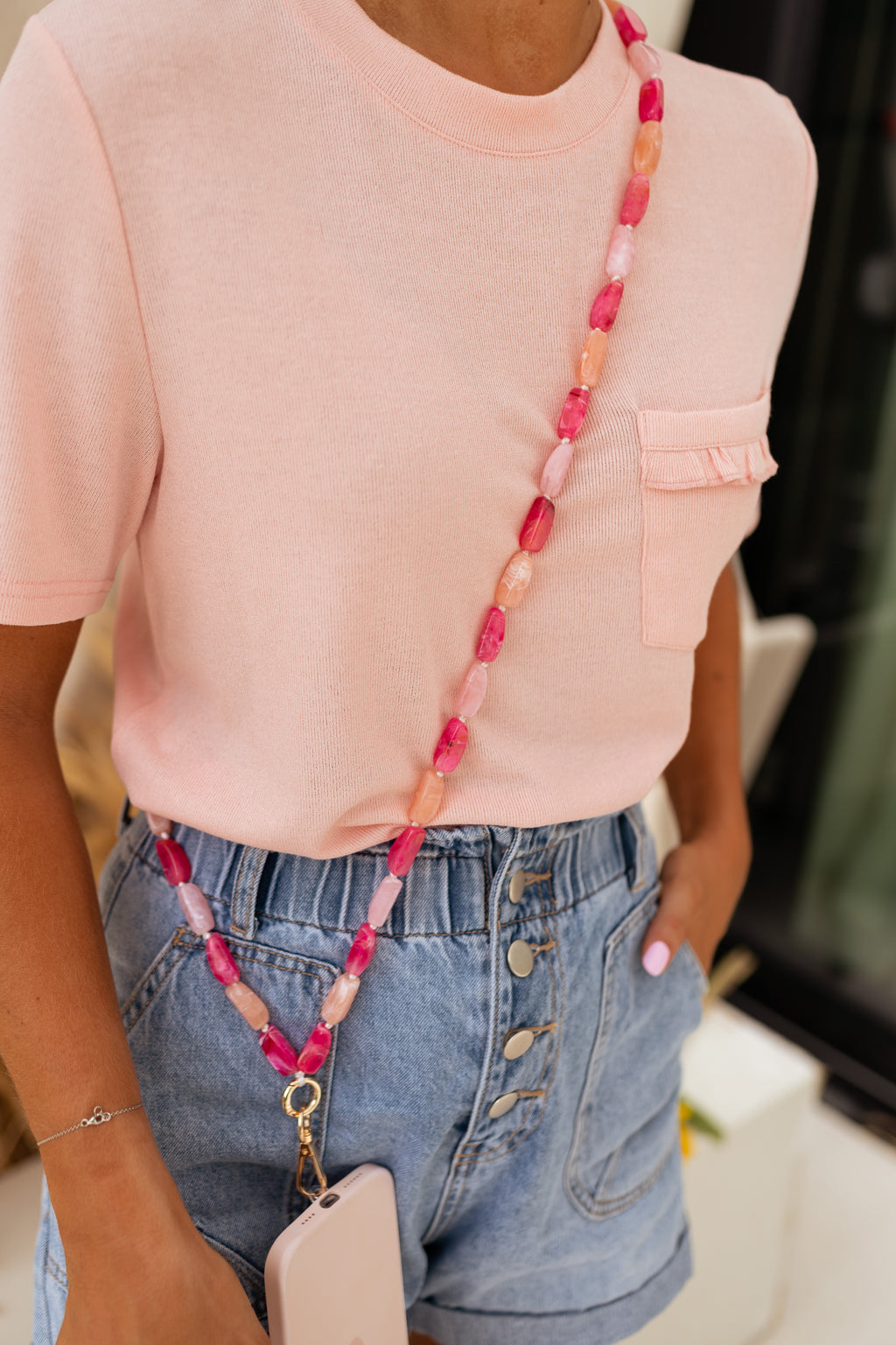 Phone Lanyard Feder - in pink pearls 