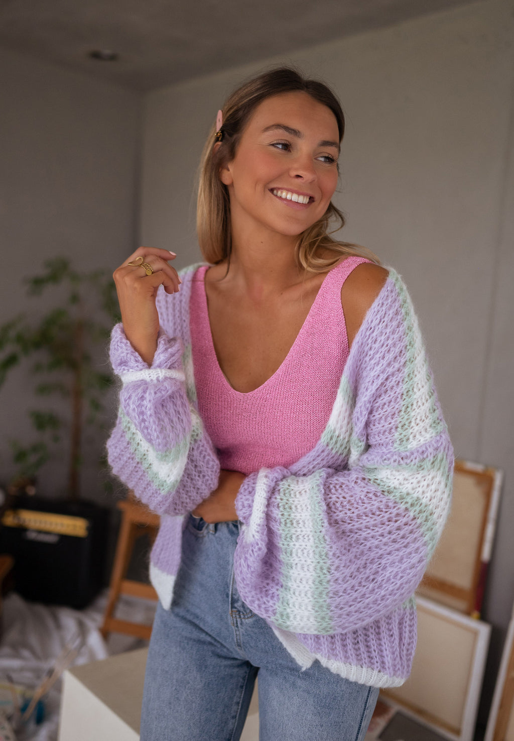 Cardigan Janet - Purple, ecru and green