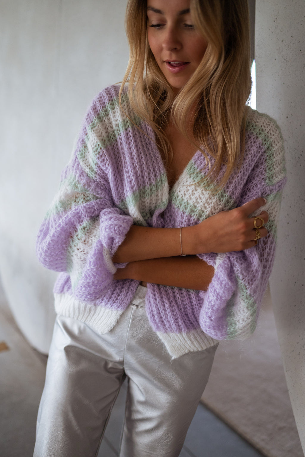 Cardigan Janet - Purple, ecru and green