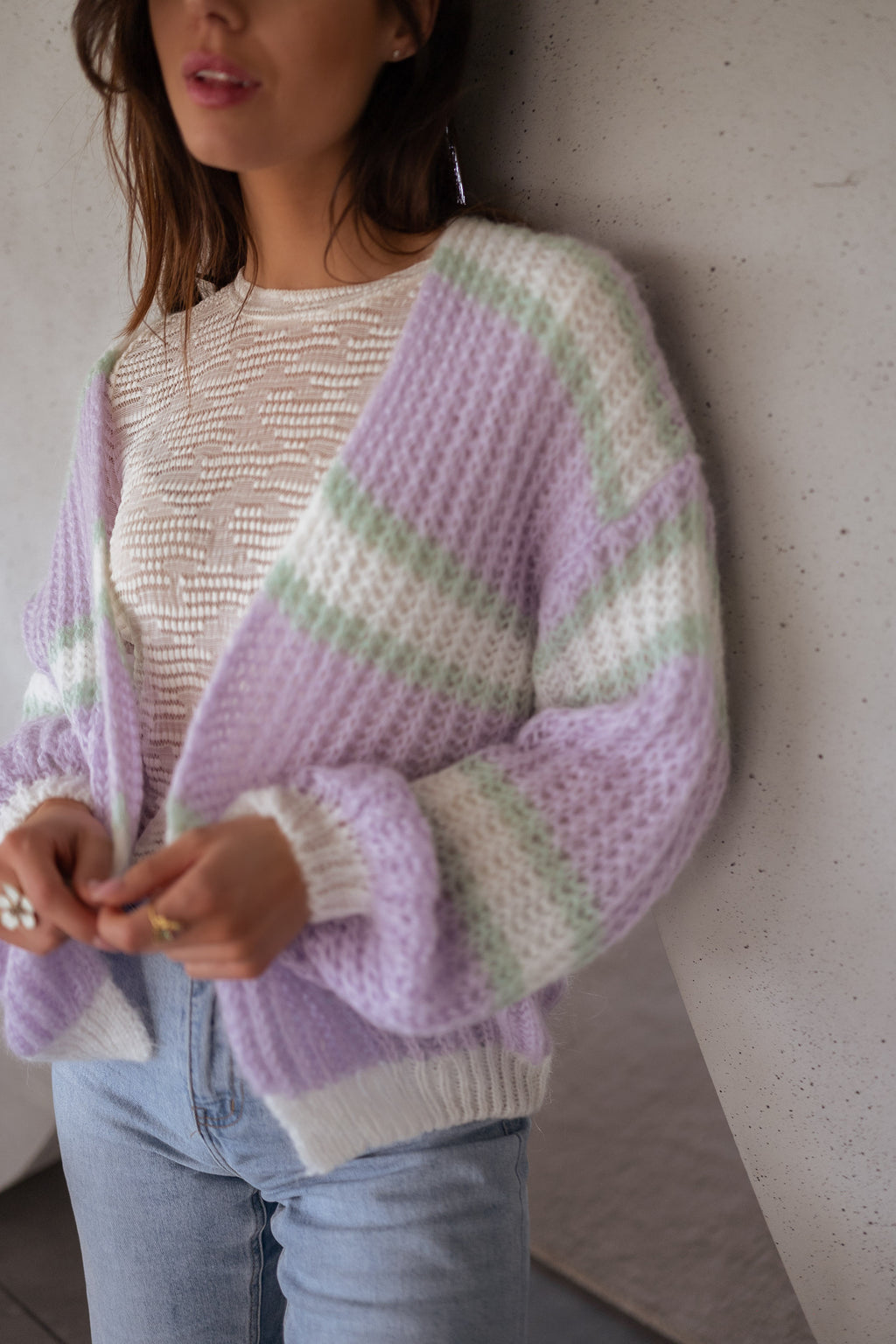 Cardigan Janet - Purple, ecru and green