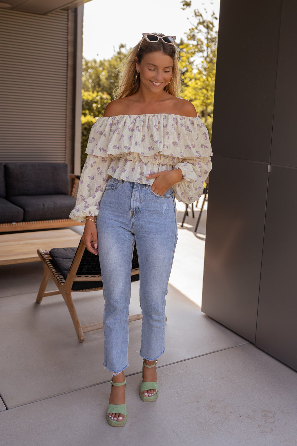 Blouse Paola - beige and Purple with flowers