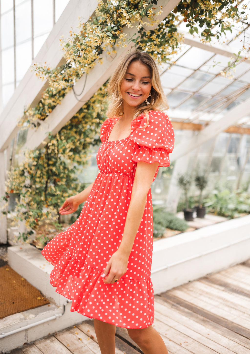 Talou dress with white polka dots - Coral 