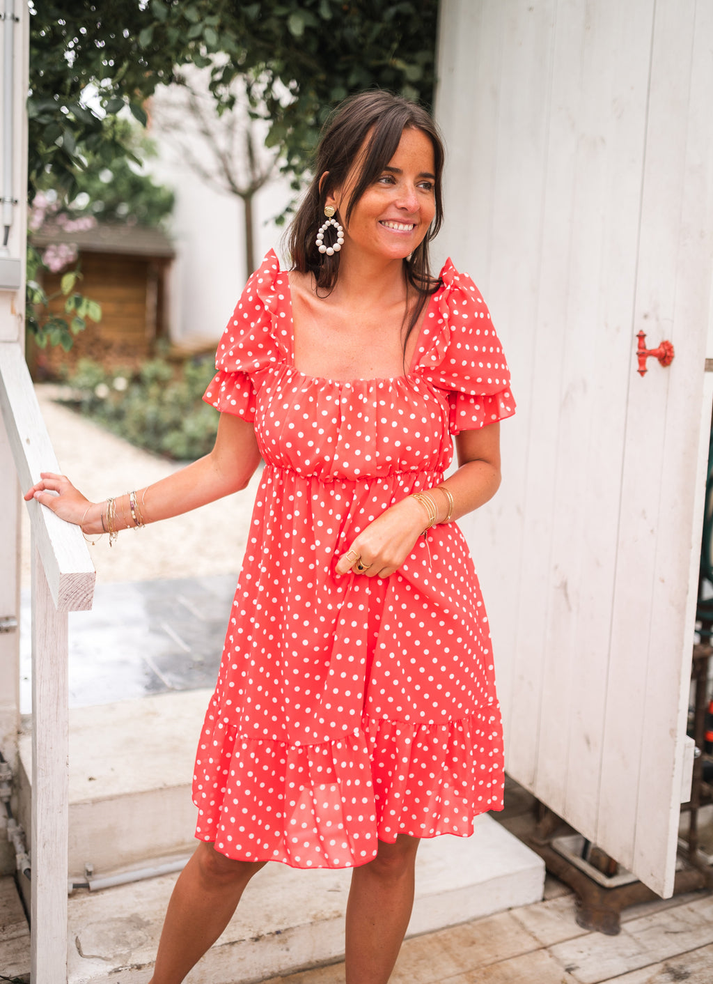 Talou dress with white polka dots - Coral 