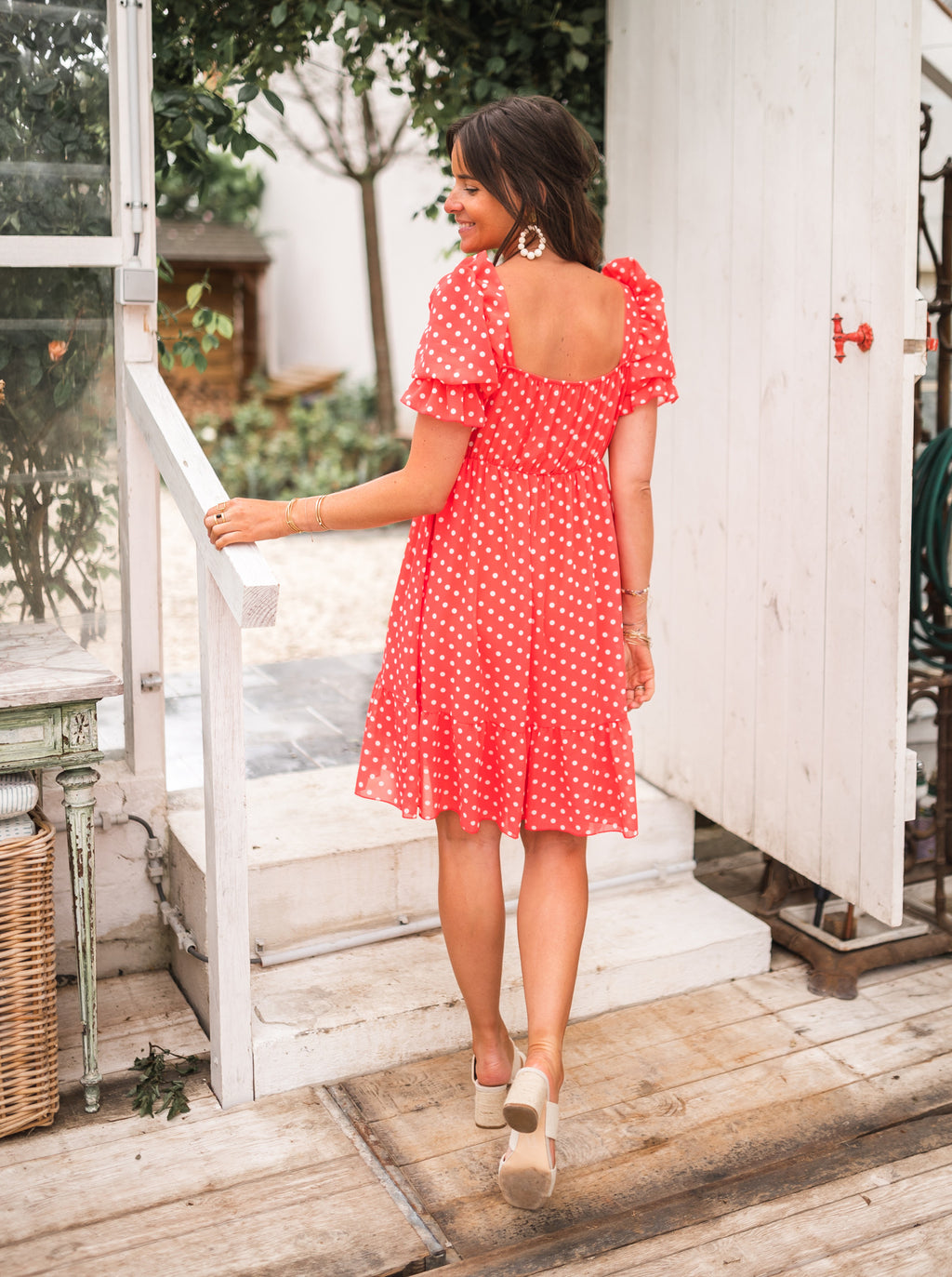 Talou dress with white polka dots - Coral 