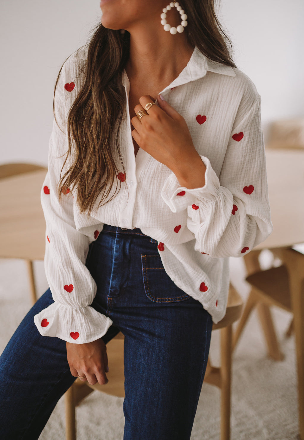 Chemise Vicky - blanche à coeurs rouges