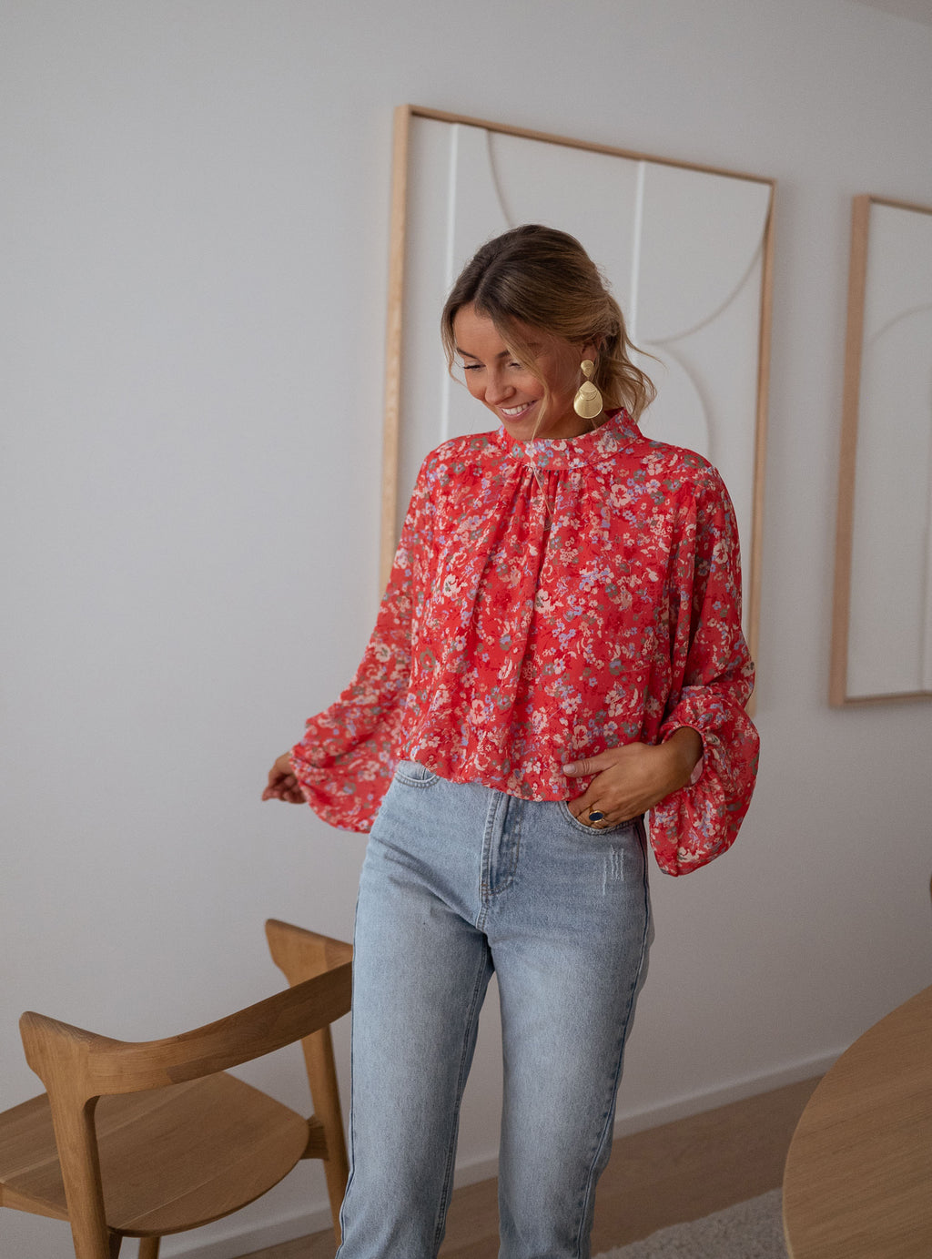 Doma blouse - coral with flowers