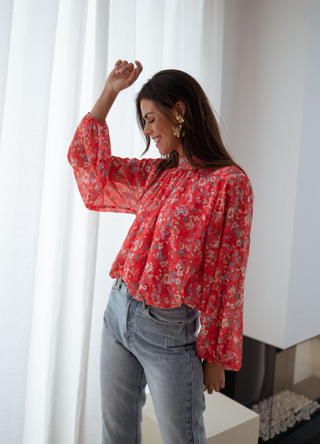 Doma blouse - coral with flowers